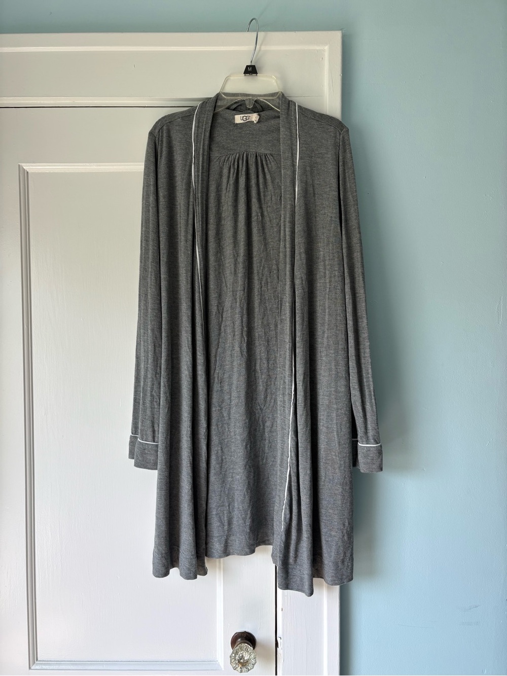 UGG Gray Heather Jersey Knit Open Front Loungewear Robe Women S White Piping